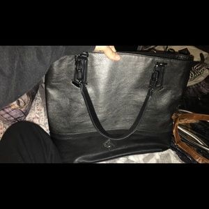 Black and grey leather tote bag